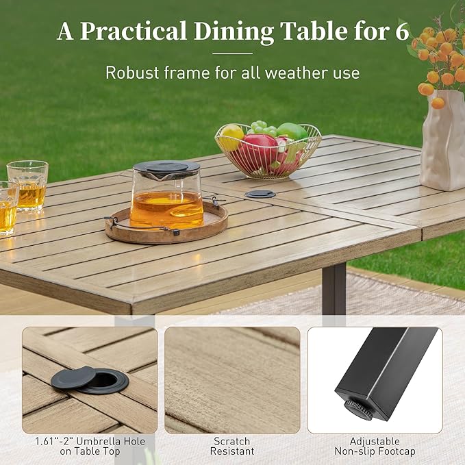 60" Patio Dining Table for 6, Teak Color Rectangle Patio Table with Umbrella Hole - Photo 6