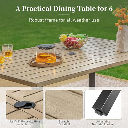 60" Patio Dining Table for 6,Teak Color Rectangle Patio Table with Umbrella Hole,E-Coating and Powder Coating Steel Frame Metal Outdoor Patio Table for Garden Backyard Lawn Yard