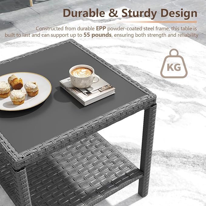 C-Hopetree Small Outdoor Coffee Side End Table for Outside Patio Storage, Gray All Weather Wicker with Glass Top, Square