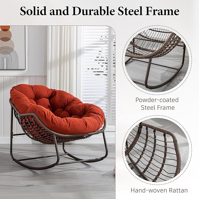 SLEERWAY Large Indoor Outdoor Rocking Chair, Oversized Rocking Papasan Chair with Thick Cushion and Frame Outdoor Rocker, Comfy Wicker Egg Chairs Lounge for Outside Porch Patio Backyard Balcony (Red)