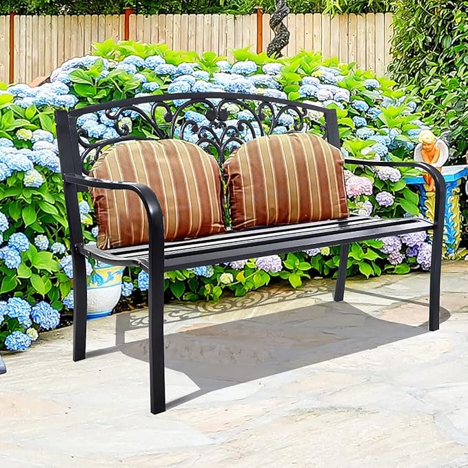 Tangkula Outdoor Steel Garden Bench Park Bench, 50 Inch Patio Park Bench Chair with Heavy-Duty Steel Frame, Outdoor Welcome Bench with Casted Pattern, Ideal for Yard Porch Balcony Garden Park
