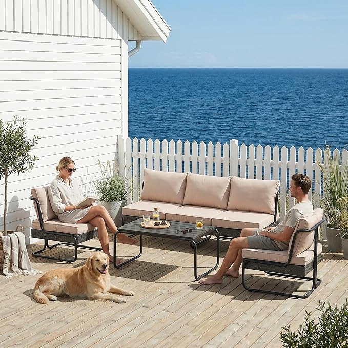 4 Piece Patio Furniture Set, Modern Patio Conversation Set for 5, All Weather Bistro Furniture Set, Metal Patio Sofas Outdoor Sectional with Coffee Table and Cushions for Lawn/Garden, Khaki