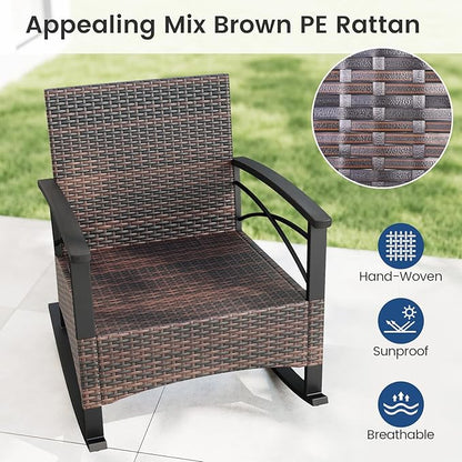 ORALNER 3-Piece Wicker Rocking Chair Set, Outdoor Cushioned Rocker and Acacia Wood Side Table, 400lbs Capacity, PE Rattan Patio Conversation Bistro Set for Porch, Garden, Deck, Poolside, Yard (Navy)