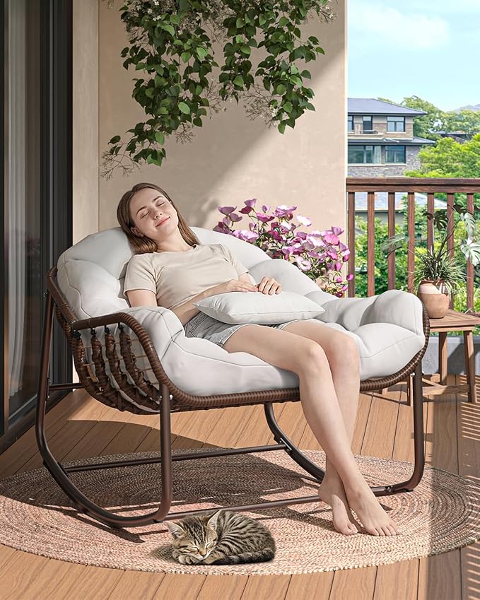 GarveeLife Outdoor Papasan Rocking Chair, Oversized Wicker Lounge Chair with Cushion and Metal Frame, Patio Rattan Egg Rocker for Balcony Backyard Porch Bedroom, White