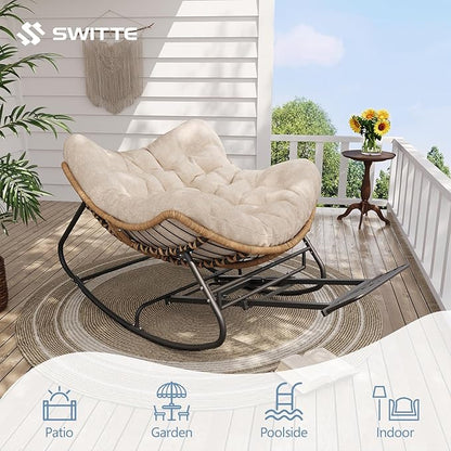 SWITTE Outdoor Papasan Rocking Chair with Adjustable Footrest, Oversized Wicker Zero-Gravity Chair with Cushion, All-Weather Lounge for Patio, Living Room-Cream