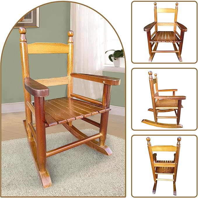 Toddler Rocking Chair for Kids Age 2-5, Hardwood Porch Rocker with Back Support & Armrest for Small Spaces Living Room Outdoor Garden, Easy Assembly (Oak)