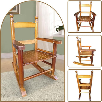 Toddler Rocking Chair for Kids Age 2-5, Hardwood Porch Rocker with Back Support & Armrest for Small Spaces Living Room Outdoor Garden, Easy Assembly (Oak)