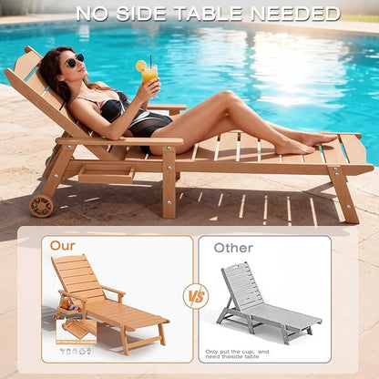 Outdoor Chaise Lounge Chair with Wheels, 6.3ft Full-Length Patio Pool Lounge Chairs,5-Position Adjustable Backrest (Flat Recline), Flip-Down Side Tray,HIPS All-Weather for Poolside, Deck,Beach