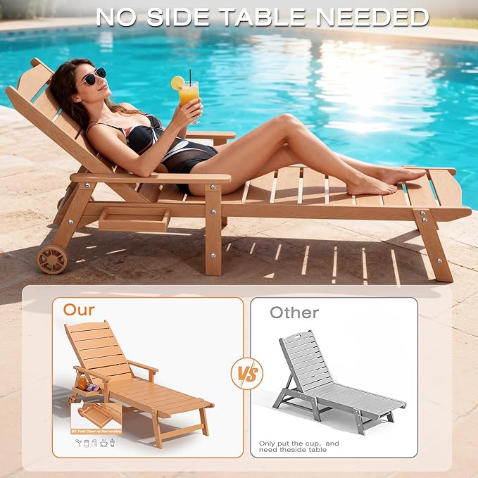 Pool Lounge Chairs Set of 2, 6.3ft Full-Length Patio Pool Lounge Chairs,5-Position Adjustable Backrest (Flat Recline), Flip-Down Side Tray,HIPS All-Weather for Poolside, Deck,Backyard, Beach