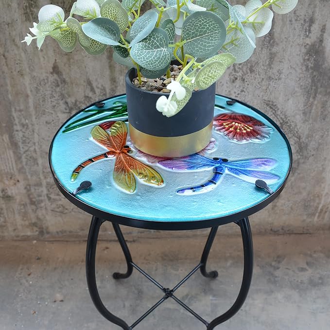 Round Dragonfly Glass Side Table, Patio Small Table, Outdoor Side Table, Outdoor Bar Table, Metal Glass End Table for Porch Garden Patio Pool Living Room