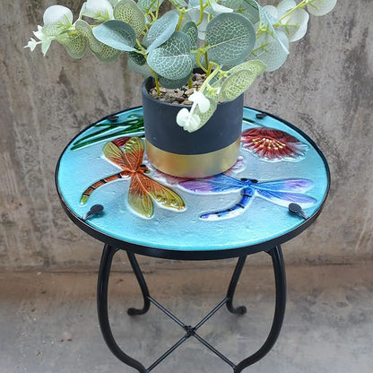 Round Dragonfly Glass Side Table, Patio Small Table, Outdoor Side Table, Outdoor Bar Table, Metal Glass End Table for Porch Garden Patio Pool Living Room