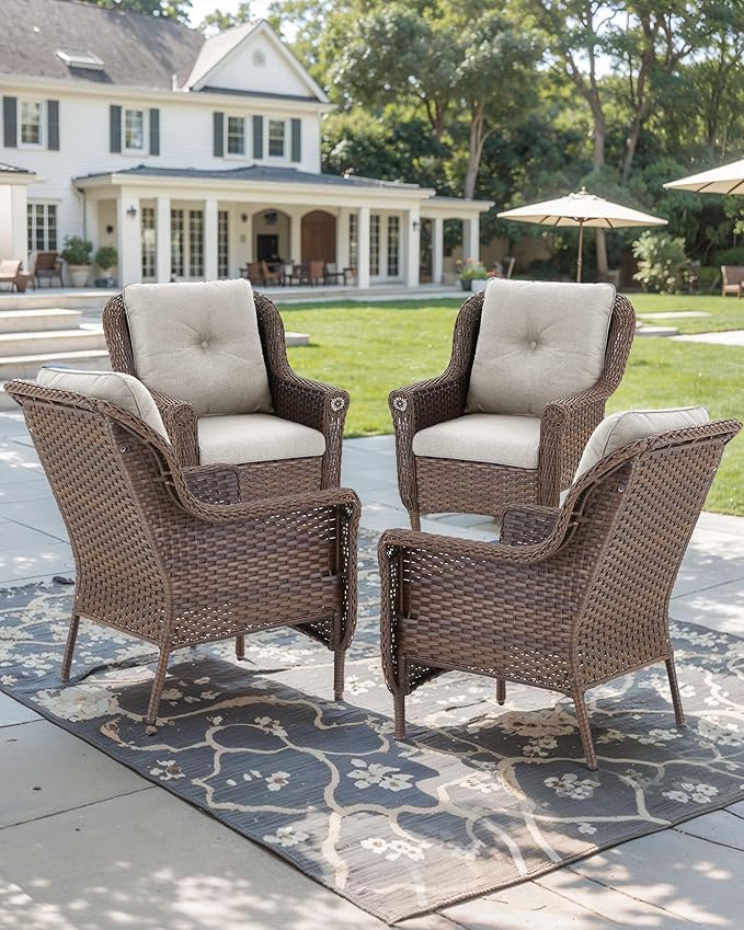 Patio Wicker Chairs Outdoor Furniture Chair - Set of 4 Outside All Weather Lawn Dining Brown Rattan Armchair with High - Photo 6