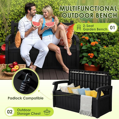 Greesum 80 Gallon Outdoor Storage Bench, Weather-Resistant Deck Box, Patio Furniture Bench for Backyard, Garden, Porch, Large Capacity Seat for Pillows Cushions Patio Accessories, Dark Black
