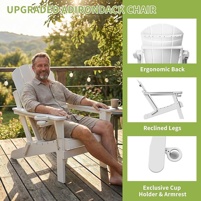 Folding Adirondack Chairs Set of 2, Plastic Outdoor Patio Chairs with Cup Holder, Wood-Textured with Large Seat for Poolside Backyard Lawn, White