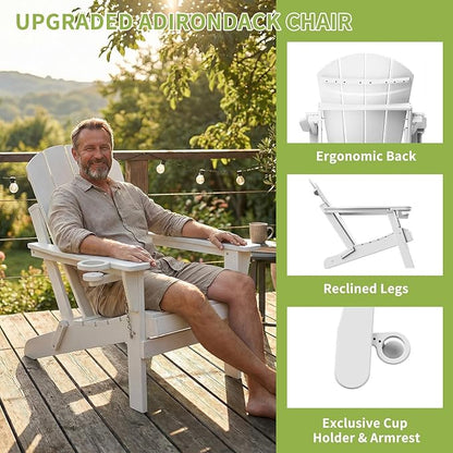 Folding Adirondack Chairs Set of 2, Plastic Outdoor Patio Chairs with Cup Holder, Wood-Textured with Large Seat for Poolside Backyard Lawn, White