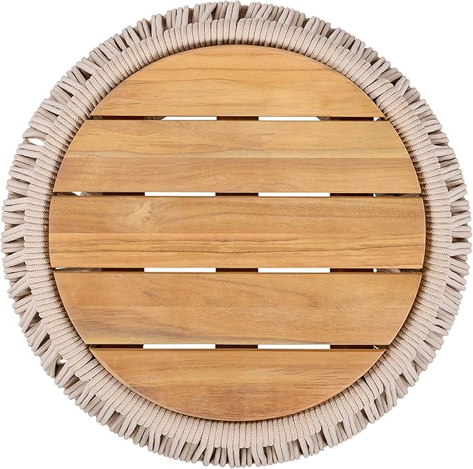 Merax Bohemian Round Outdoor Side Table with Acacia Wood Top and Beige Handwoven Rope Base, Boho Patio Coffee Table for Garden, Pool, Deck, Balcony, Yard