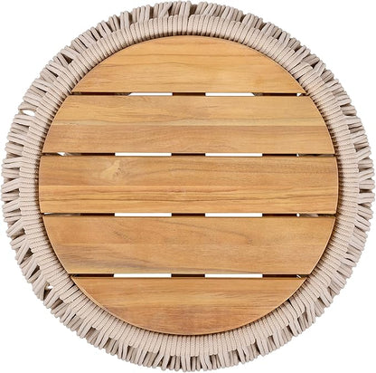 Merax Bohemian Round Outdoor Side Table with Acacia Wood Top and Beige Handwoven Rope Base, Boho Patio Coffee Table for Garden, Pool, Deck, Balcony, Yard