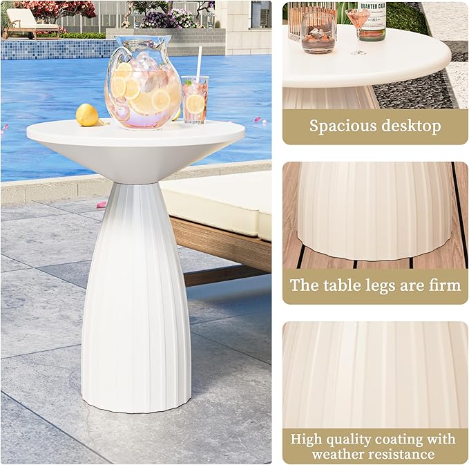 Round Small Patio Side Table, Metal Steel Outdoor Side Table, Patio Accent End Table for Garden, Pool, Deck, Balcony, Yard, Living Room, White, Weather Resistant, No Assembly