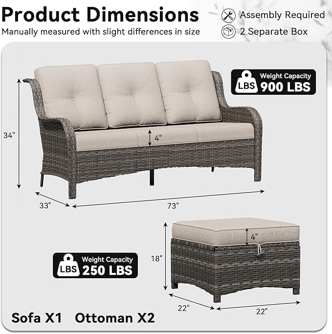3-Piece Outdoor Couch Set, Include Wicker Patio Sofa with Thickened Olefin Cushions, High Back and Deep Seating, Hand-Woven PE Rattan and 2 Ottomans, Patio Conversation Set for Porch, Deck