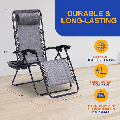 SereneLife Zero Gravity Lounge Chairs Set of 2, Adjustable Outdoor Recliner Chairs with Lockable Positions, Side Table Cup Holders, Padded Headrest Pillows, Foldable Steel Frame Patio Chairs (Gray)