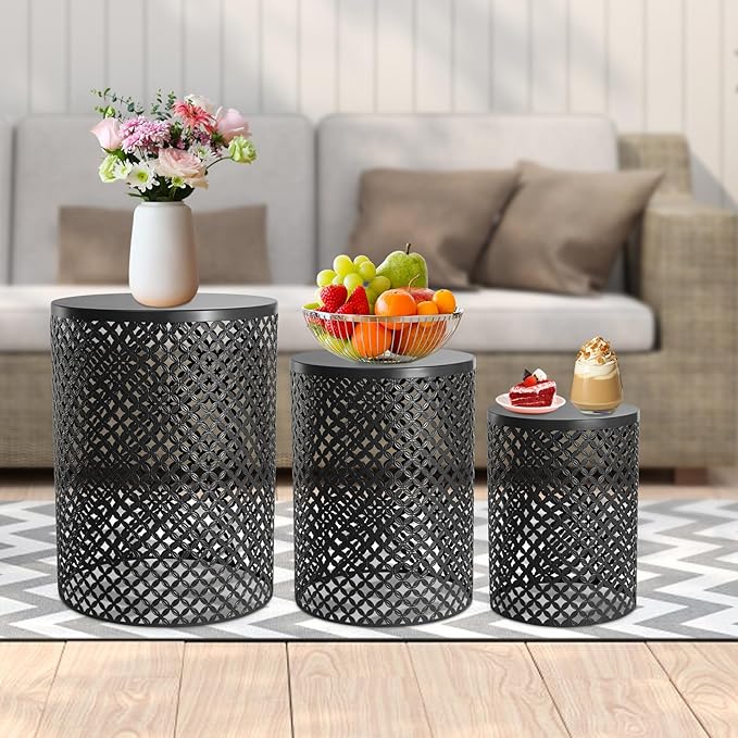 Outdoor Patio Coffee Table Set of 3, Metal Frame Accent Table, Coffee End Tables, Decorative Garden, for Gardens - Photo 2