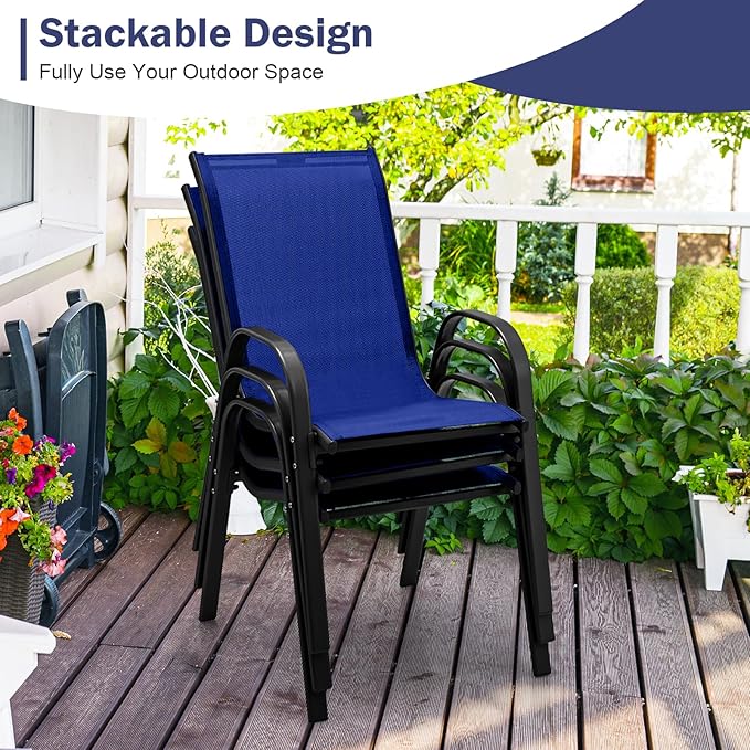 COSTWAY Patio Dining Chairs Set of 4, Stackable Outdoor Chairs with Armrest and High Back, Breathable Fabric & Metal Frame Chair for Garden Poolside Backyard Deck (Navy)