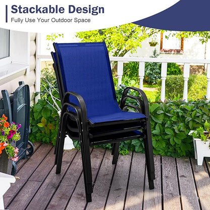 COSTWAY Patio Dining Chairs Set of 4, Stackable Outdoor Chairs with Armrest and High Back, Breathable Fabric & Metal Frame Chair for Garden Poolside Backyard Deck (Navy)