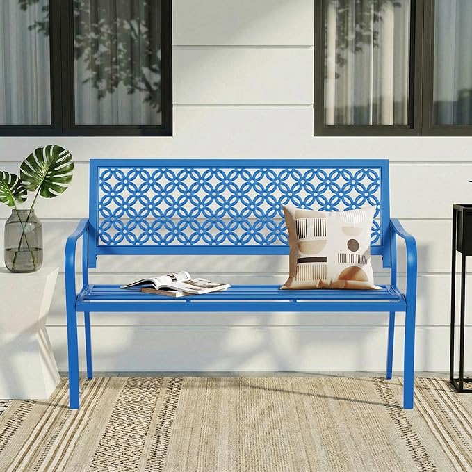 ONBRILL 50" Outdoor Bench, Garden Benches with Galvanized Metal Frame, Front Porch Bench with Floral Backrest, Patio Furniture with Adjustable Feet for Park, Yard, Lawn, Entryway, Blue