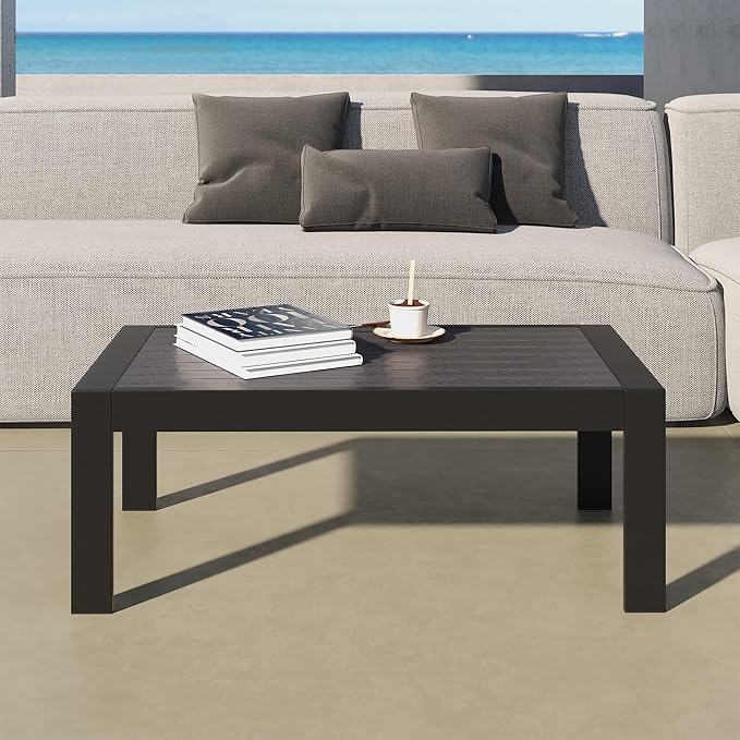 All-Weather Aluminum Outdoor Coffee Table, Modern Rectangle Patio Coffee Table for Balcony Garden, Black