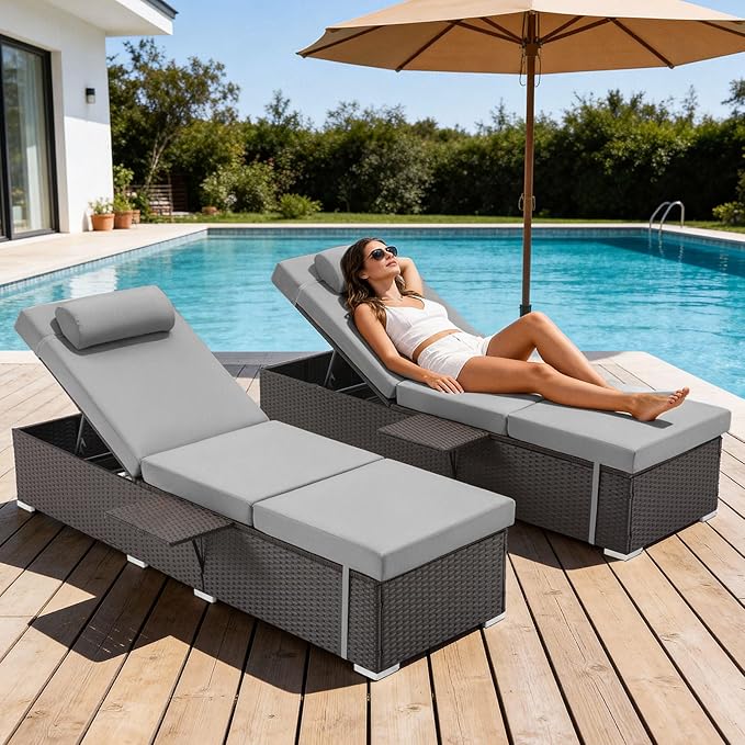 Outdoor Chaise Lounge with Adjustable Backrest Set of 4, 6-Position Reclining Lounger Pool Chair, Thick 3-Inch Cushion & Side Tray, All-Weather PE Wicker for Outdoor, Backyard, Deck (Gray)