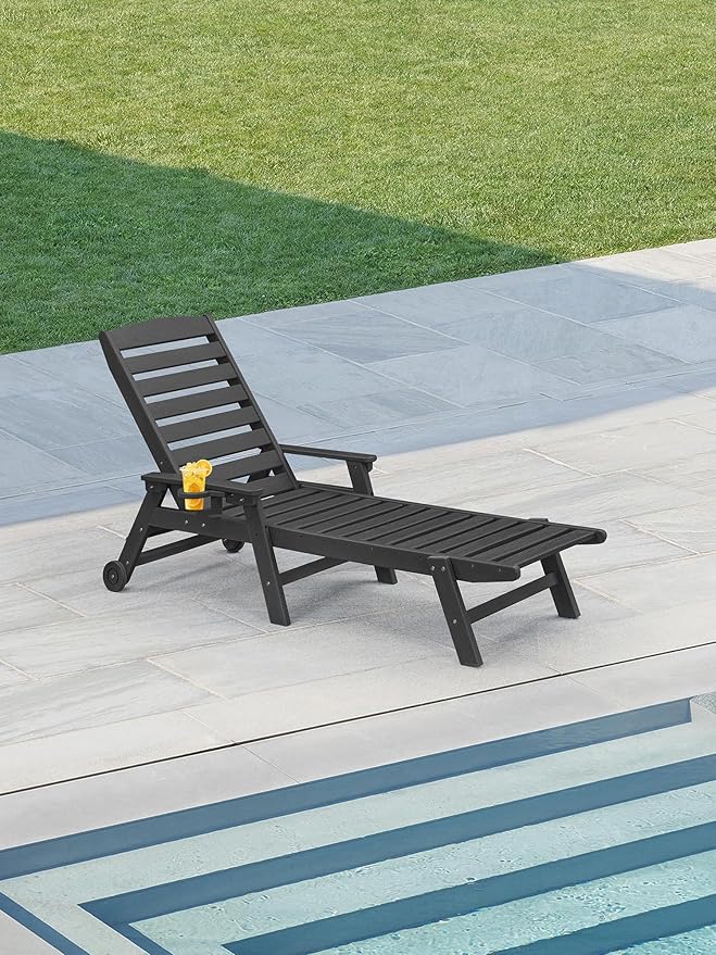 HDPE Outdoor Chaise Lounge, 78.4'' Poly Lounge Chair with Rolling Wheels & Cup Holder, 5 Positions Adjustable Outdoor Lounger, HDPE Patio Chaise Lounge Chair for Pool, Backyard, Obsidian