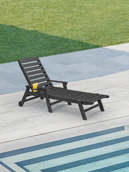 HDPE Outdoor Chaise Lounge, 78.4'' Poly Lounge Chair with Rolling Wheels & Cup Holder, 5 Positions Adjustable Outdoor Lounger, HDPE Patio Chaise Lounge Chair for Pool, Backyard, Obsidian