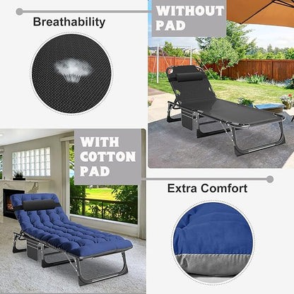ABORON 2PK Heavy Duty Tanning Chair, 5-Gear Outdoor Folding Chaise Lounge Chair with Cushion, Portable Beach Lounge Chair for Outdoor Sunbathing, Patio, Pool, Lawn, Deck, Poolside
