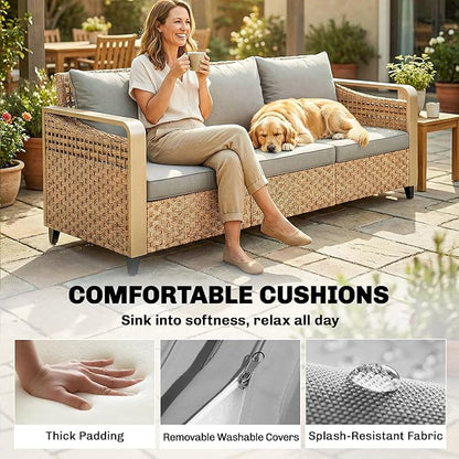 Outsunny Outdoor Patio Couch with Wide and Deep Seat, 3 Seater Wicker Outdoor Sofa with Wide Metal Armrests, Patio Furniture Couch with Cushions for Porch, Garden, Backyard, Gray | Removable Covers