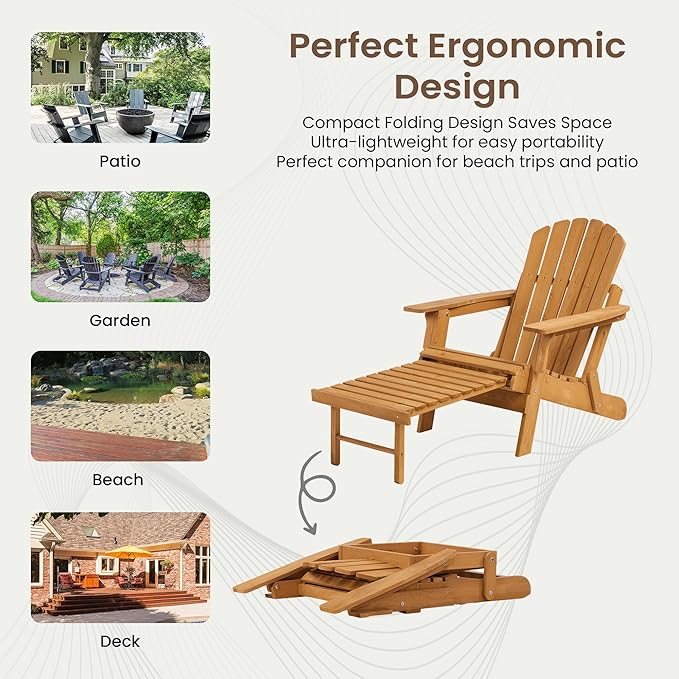 Oversized Folding Adirondack Chair with Retractable Ottoman - Solid Wood Outdoor Lounge Chair for Patio Garden Backyard Porch, Weather-Resistant & Pre-Assembled, Brown