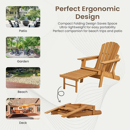 Oversized Folding Adirondack Chair with Retractable Ottoman - Solid Wood Outdoor Lounge Chair for Patio Garden Backyard Porch, Weather-Resistant & Pre-Assembled, Brown