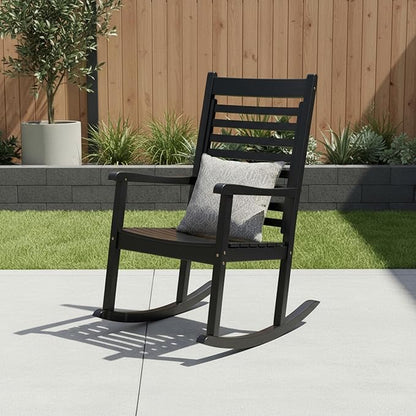 Shine Company Modern Wood Rocking Chair, Ergonomic Wide Seat Porch Rocker, Black