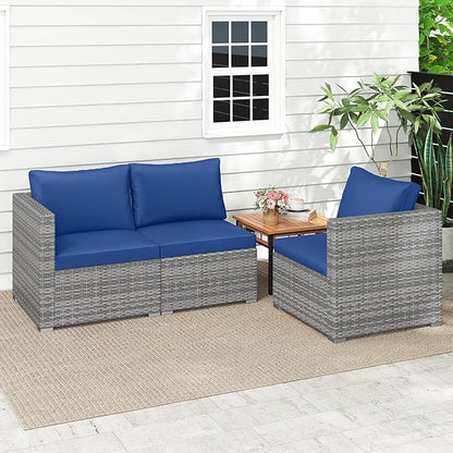 Tangkula 3 Seat Outdoor Wicker Sofa Set, Modular PE Rattan Patio Cushioned Sectional Couch Set, Outside Furniture Set for Deck, Backyard, Porch, Garden & Poolside (Navy)