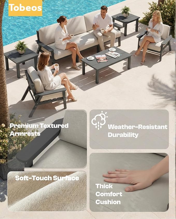 HDPE 5 Piece Patio Furniture Set, Outdoor Couch with Washable Thick Beige Cushions & Coffee Table & Side Table, Outdoor Sectional Furniture for Backyard, Deck, Lawn, Porch (Gray Frame)