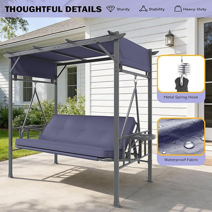 AECOJOY 2-in-1 Convertible Porch Swing Bed 3 Seat, Outdoor Patio Metal Pergola Swing Bench with Hanging Cloud Hammock Chair, Garden Swinging Glider Arbour with Cup Holders (Dark Blue)