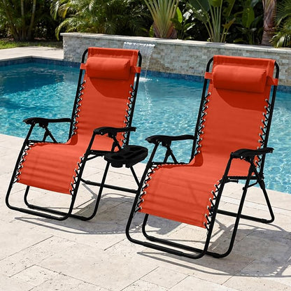 Best Choice Products Set of 2 Extra Wide Adjustable Steel Mesh Zero Gravity Lounge Chair Recliners w/Pillows and Cup Holder Trays - Burnt Orange