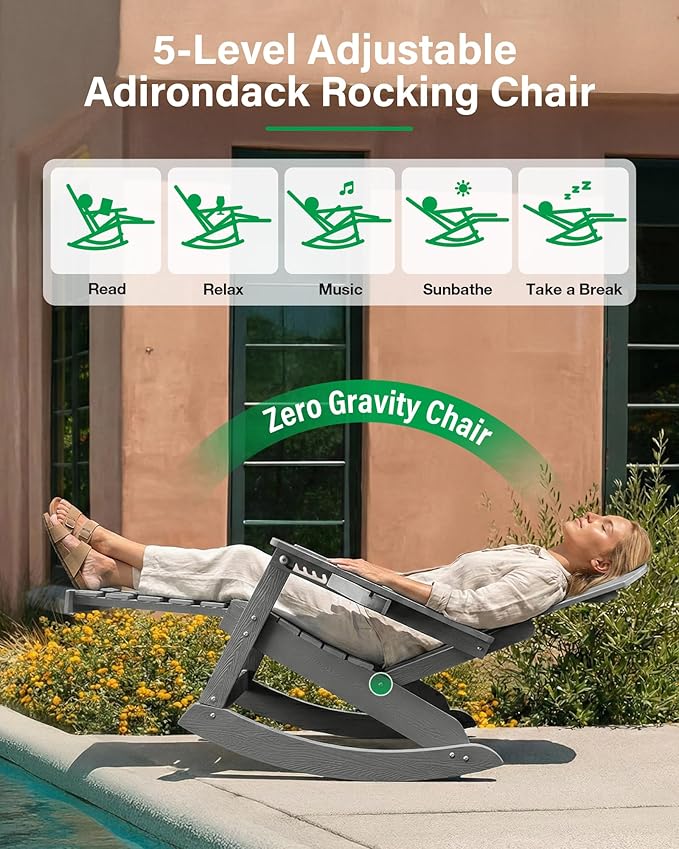 YEFU Rocking Chairs Outdoor Set of 4, Adirondack Chairs with Retractable Ottoman, Adjustable Adirondack Rocking Chair,Rockings Chair Outside,Weather Resistant,for Patio,Porch,Lawn,Heavy Duty,Grey