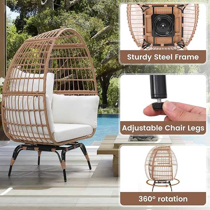 Oversized 360° Swivel Rattan Egg Chair for Adult, Indoor Outdoor Patio Large Wicker Egg Chair with Overstuffed Cushions, 440lb Weight Capacity, Natural Rattan with Beige Cushion