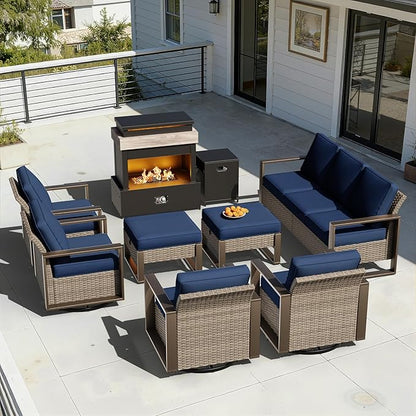 8 Pieces Metal Wicker Patio Furniture Set - 75" Sofa, Four Swivel Chairs and Two Ottomans, One Fireplace All Weather Rattan Outdoor Conversation Furniture with Washable Cushion for Deck, Dark Blue