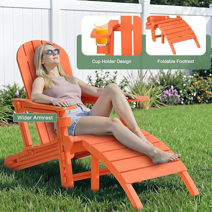 JY QAQA Outdoor Adirondack Chair Set of 2 with Detachable Table & Ottoman, All-Weather HDPE Patio Furniture with Wood Texture & Cup Holder for Patio, Poolside, Garden, Orange