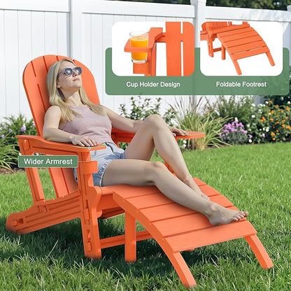 JY QAQA Outdoor Adirondack Chair Set of 2 with Detachable Table & Ottoman, All-Weather HDPE Patio Furniture with Wood Texture & Cup Holder for Patio, Poolside, Garden, Orange