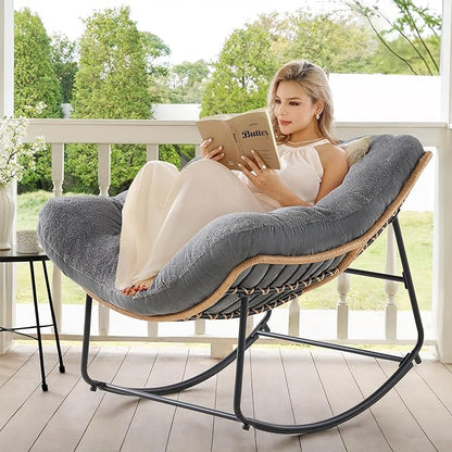 ONBRILL Outdoor Rocking Chairs, Oversized Papasan Rocking Chair Indoors with Padded Cushions, Rattan Wicker Lounge Chair for Living Room, Porch, Patio, Garden, Gray