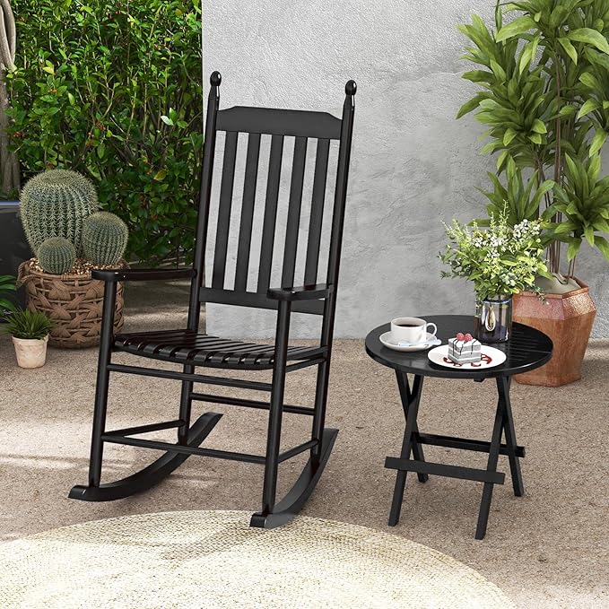 Giantex Outdoor Rocking Chair, All Weather Patio Rocker w/Solid Rocking Base & High-Back, Slatted Seat & Back, Acacia Wood Porch Rocker, Wooden Patio Rocking Chair for Backyard, Poolside, Black