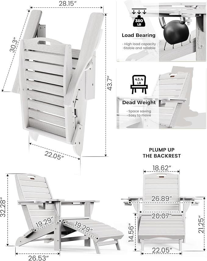 Ciokea Folding Adirondack Chair Set of 6 with Retractable Ottoman Fire Pit Patio Chair with Pull Out Foot Rest Weather Resistant Lawn Outdoor Chair with 2 Cup Holder (White)