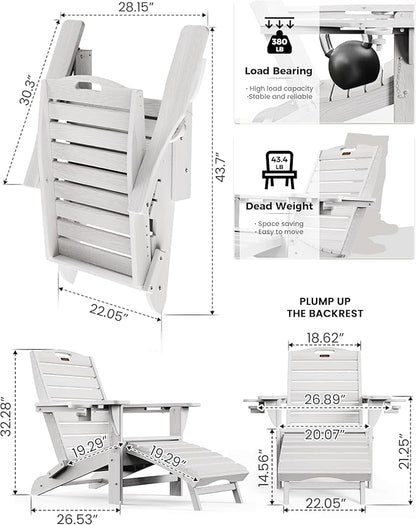 Ciokea Folding Adirondack Chair with Retractable Ottoman Fire Pit Patio Chair with Pull Out Foot Rest Weather Resistant Lawn Outdoor Lounge Chair with 2 Cup Holder (White)